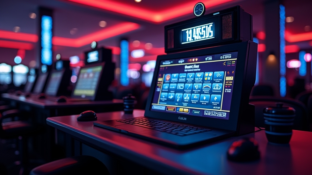 Reloj de espera junto a iconos de pago en un casino oscuro