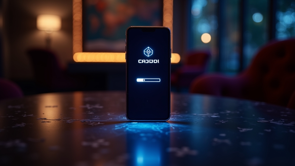 Teléfono descargando la app en un entorno de casino con luz tenue