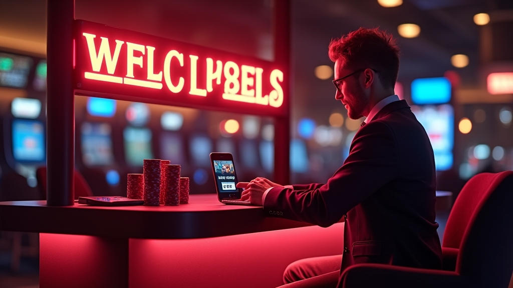 Jugador revisando el bono de bienvenida y un código promocional en un casino