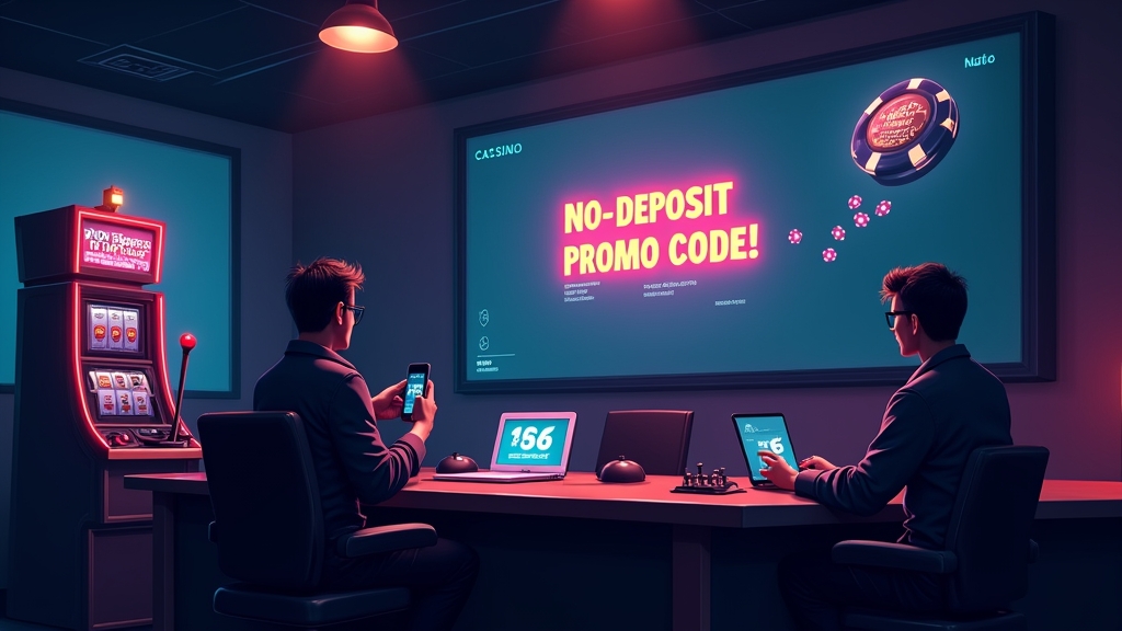 Pantalla de casino con un código sin depósito y una máquina tragaperras iluminada